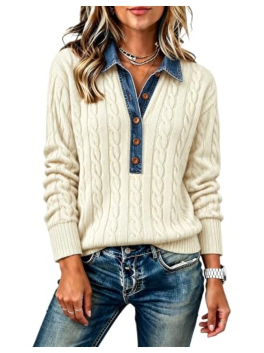 Womens Cable Knit Sweater Denim Collar Pullover Long Sleeve Tunic